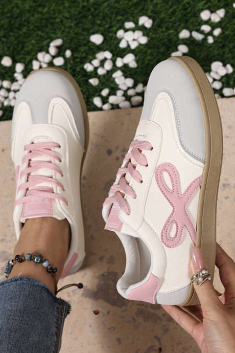 Pink Cute Bow Patch Color Block PU Leather Sneakers BH024194-P10