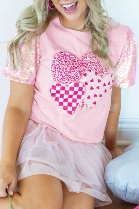 Light Pink Three Sweet Hearts Printed Sequin Trim Contrast Sleeve Patchwork Tee LC25230441-P1010