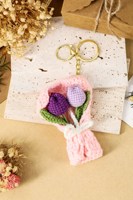 Pink Crochet Tulip Flower Bouquet Bag Charm Keychain BH043498-P10