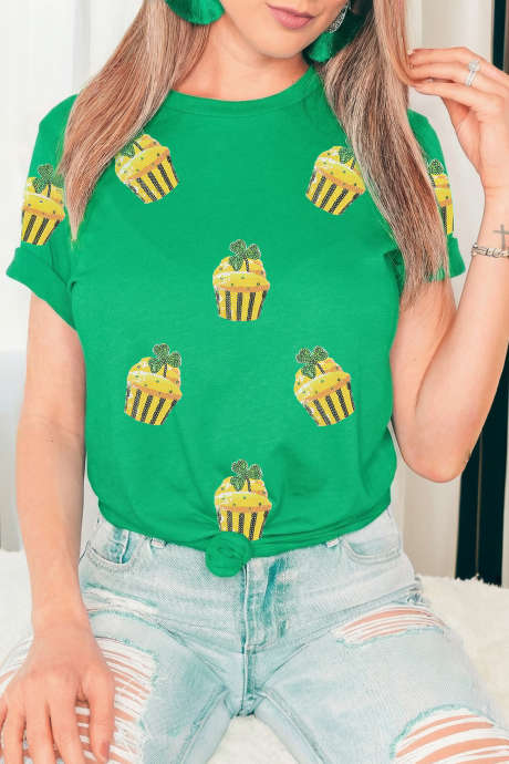 Bright Green St Patricks Day Sequin Cupcake Graphic T Shirt LC25231336-P109