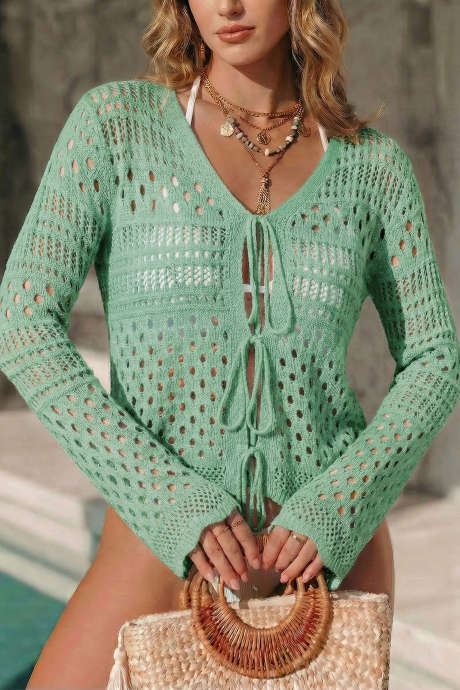 Smoke Green Tie Front Hollow-out Crochet Flare Sleeve Knitted Cover Up LC4211118-P2809