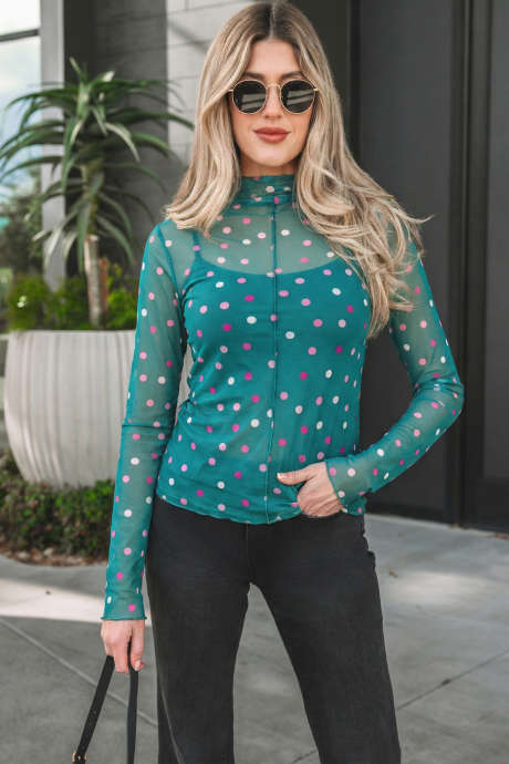 Green Polka Dot Patterned Bodycon Mock Neck Mesh Long Sleeve Top LC25135311-P920