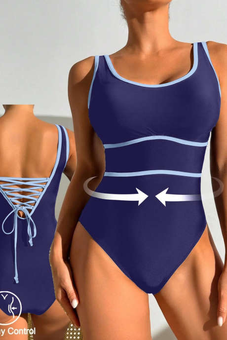 Navy Blue Contrast Trim Lace-up Back One Piece Swimsuit LC444885-P605