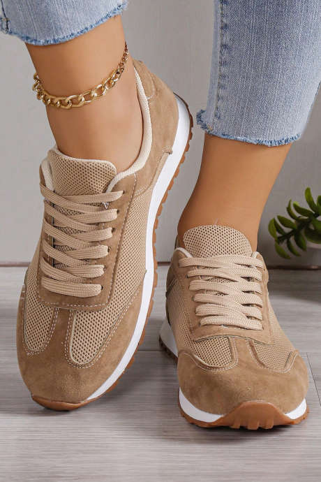 Beige Faux Suede Breathable Mesh Patchwork Lace-up Sneakers BH024159-P15