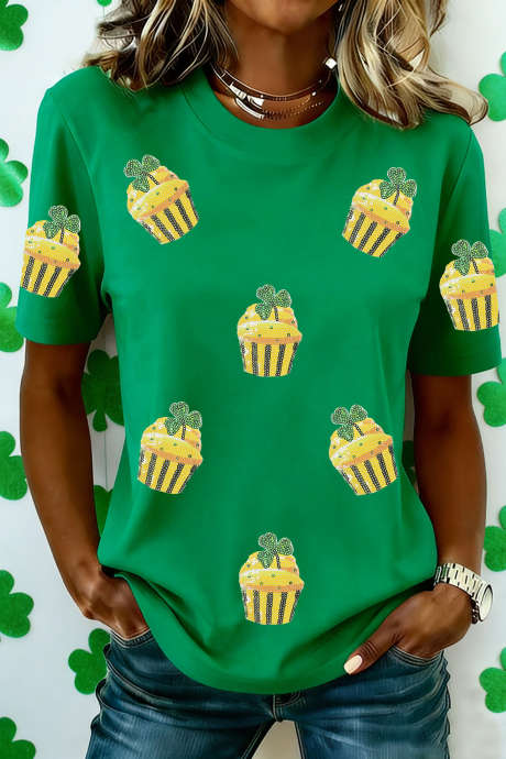 T-shirt graphique à paillettes vert vif avec cupcake pour la Saint-Patrick