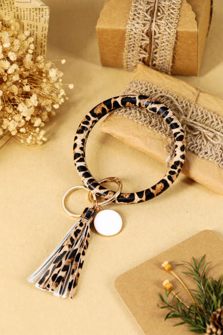 Parchment Leopard PU Leather Tassel Key Chain Bangle Bracelet BH014765-P6016