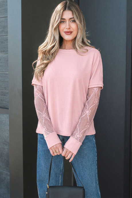 Light Pink Solid Color Bow Textured Patchwork Long Sleeve Tee