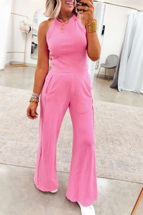 Sachet Pink Slim Ribbed Tank Top and Sweatpants Set