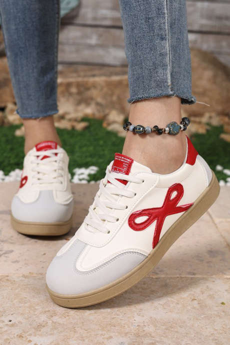 Fiery Red Cute Bow Patch Color Block PU Leather Sneakers BH024194-P3