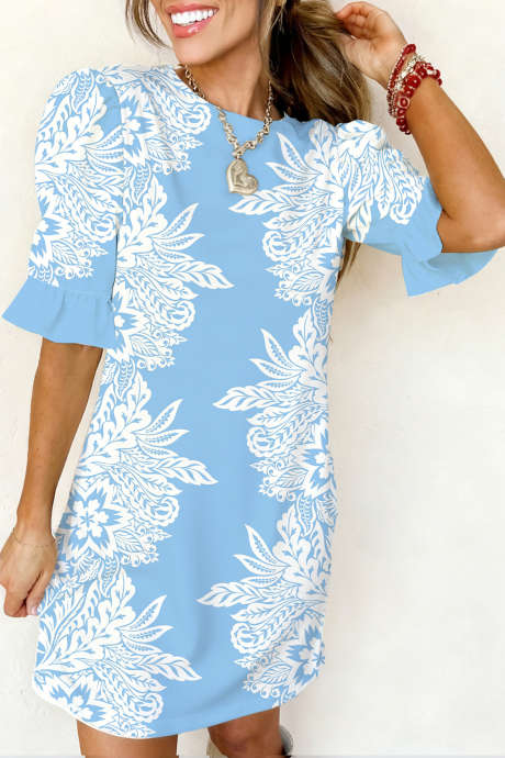 Sky Blue Botanical Print Short Dress