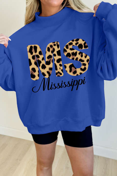 Dark Blue Leopard MS Mississippi Mock Neck Pullover Sweatshirt LC25321341-P5