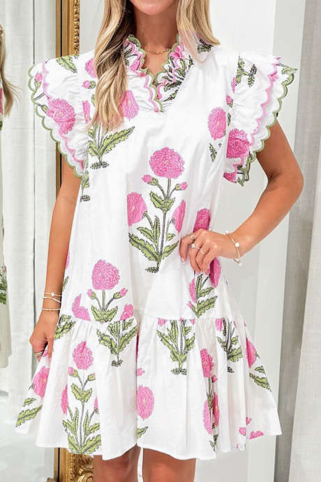 Valkoinen villikukkakuvioinen simpukankuvioinen kirjontareunus V-pääntiellä varustettu pudotusvyötäröinen minimekko