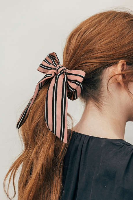 Gossamer Pink Striped Bow Knot Long Tail Scrunchie Hair Tie BH043716-P1710