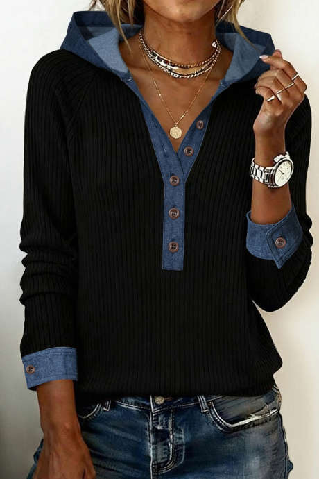 Black Ribbed Knit Contrast Denim Patchwork Hooded Long Sleeve Top