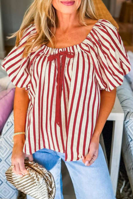 Punainen Raidallinen Rusettipuff Hihainen Pusero