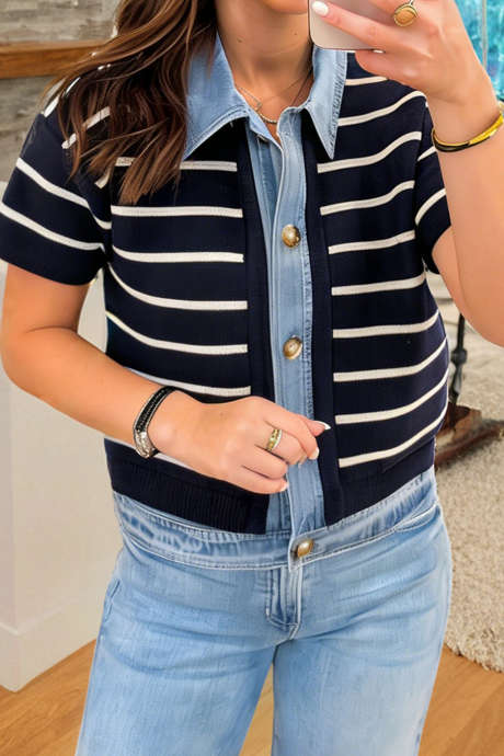 Modri ​​črtasti pulover s kratkimi rokavi in ​​kontrastnim ovratnikom ter gumbi