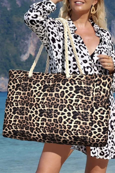 コーヒー レオパードプリント ロープストラップ ラージトラベルショッピングバッグ BH031595-P1017