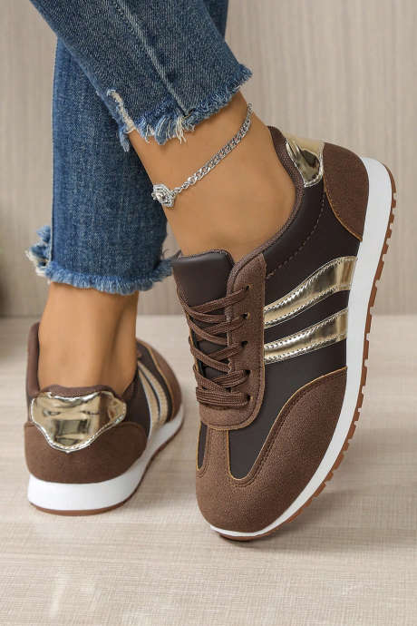 コーヒーカラーブロックPUレザーレースアップカジュアルスニーカー BH024177-P1017