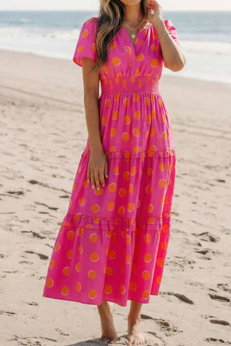 Roza obleka z dvojnimi pikicami in visokim pasom, kratkimi rokavi in ​​nabranim pasom