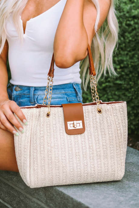 Coffee PU Leather Chain Handle Woven Textured Knit Tote Bag BH031544-P1017