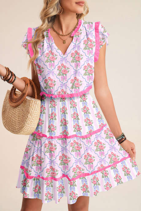 Lilla Lagdelt Rysje Ermeløs Sommerkjole med Blomstermotiv LC6127933-P820