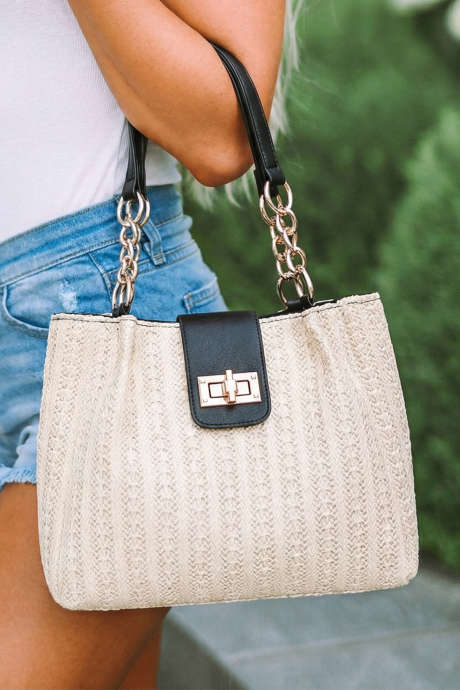 Musta PU-nahkainen ketjukahvainen kudottu teksturoitu neulottu kangaskassi