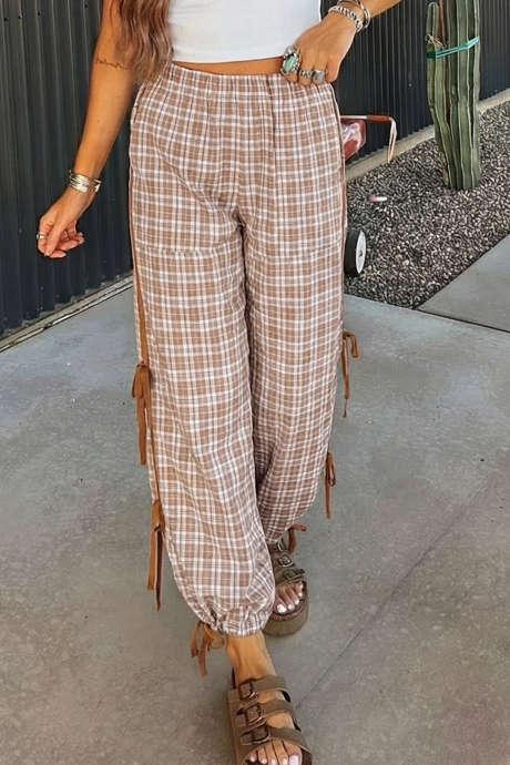 Chestnut Plaid Print Elastic Waist Bow Tie Contrast Detail Jogger Pants