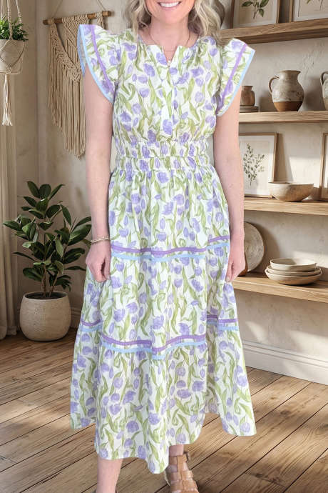 Rochie midi cu imprimeu floral și bordură contrastantă violetă la lalele
