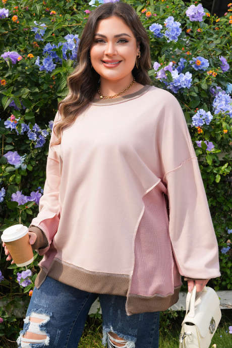 Light Pink Plus Color Block Waffle Patchwork Exposed Seam Baggy Sweatshirt PL25320042-P1010