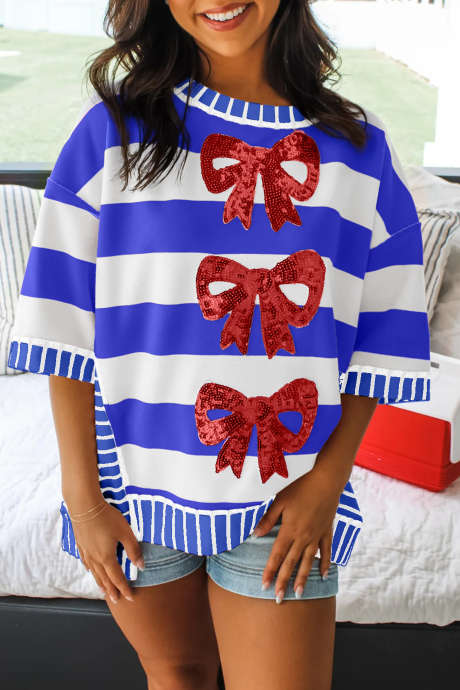 Blue Stripe Sequin Bow Patriotic Half Sleeve Top