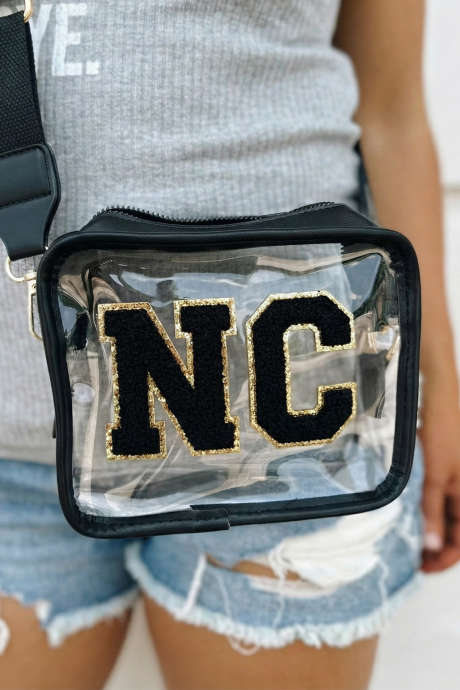 Color black NC Glitter Trim Chenille Letter Clear Shoulder Bag BH031592-P202