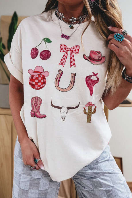 White Coquette Cowgirl Elements Printed Relaxed Tee LC25231362-P1