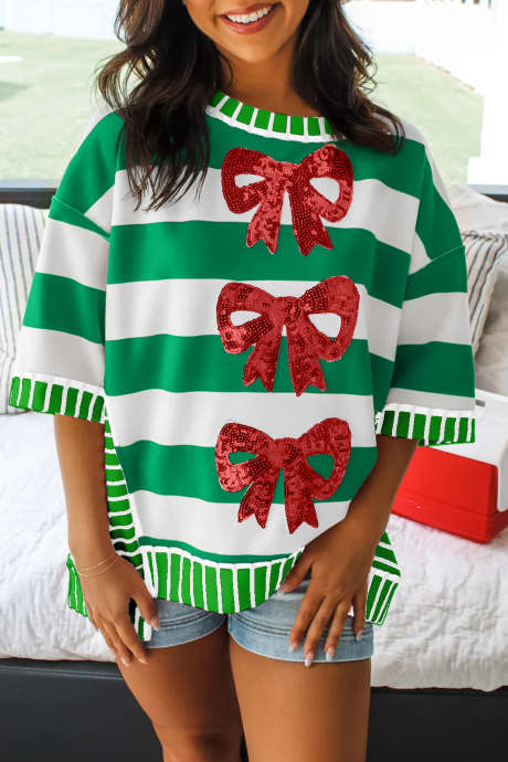 Vihreäraitainen paljettirusettikuvioinen isänmaallinen puolihihainen paita