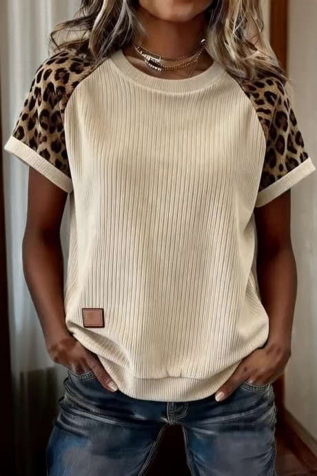 Aprikosfarget ribbet fargeblokk leopardprint med kontrastermer og løs t-skjorte