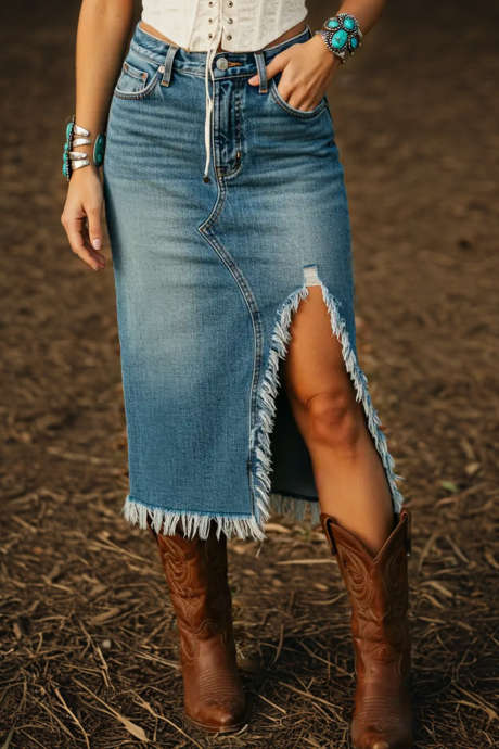 Echte turquoise gerafelde denim rok