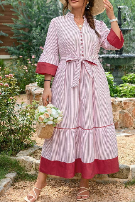 Red Stripe Plus Size Ruffled Hem Pinstriped Midi Dress PL613598-P319