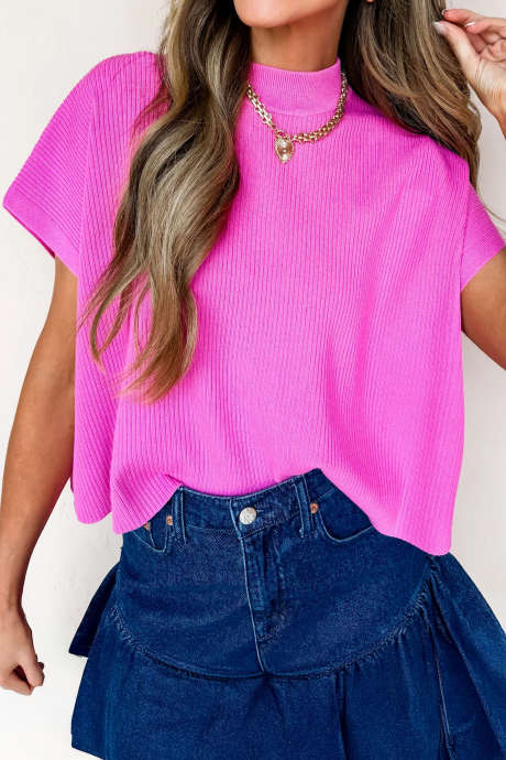 Kirkkaanpinkki yksivärinen kevyt ribbineulepusero pilkukauluksella