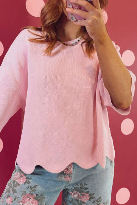 Vaaleanpunainen simpukkahelmainen 3/4-hihainen neulepusero