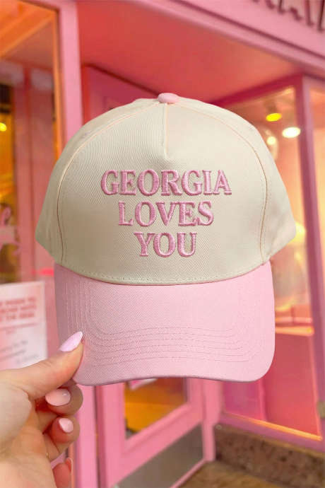 Vaaleanpunainen GEORGIA LOVES YOU -brodeerattu väriblokki-lippalakki