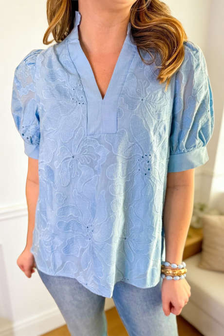 Bluza z V-izrezom in vezenim cvetličnim izrezom Myosotis v enobarvni barvi