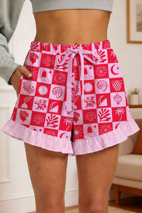 ピンクのバケーションチェック柄ストライプフリルヘムドローストリングショーツ