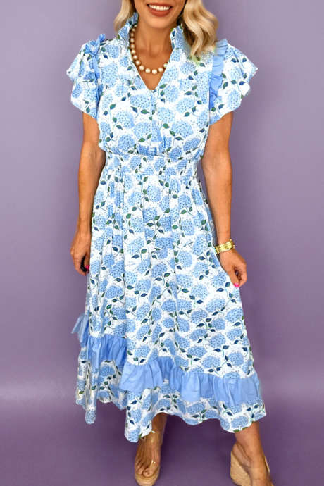 Taivaansininen hortensiakukkakuvioinen röyhelöreunustettu pitkähihainen mekko