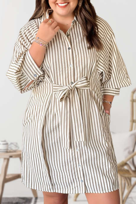 カーキストライプ プラスサイズ 長袖 ノットフロントボタンダウン ミニシャツドレス