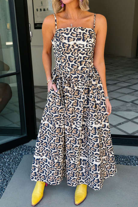 Ruskea leopardikuvioinen spagettiolkaininen rusettisolmio taskuilla ja pitkä kesämekko