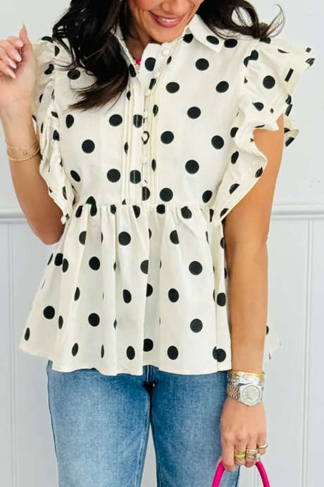 ベージュクリーム/ブラック水玉ペプラムブラウス