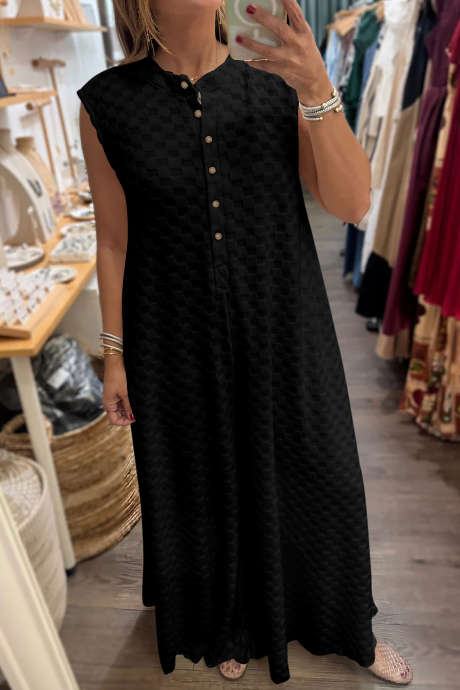 Črn teksturiran kombinezon brez rokavov s pol gumbi