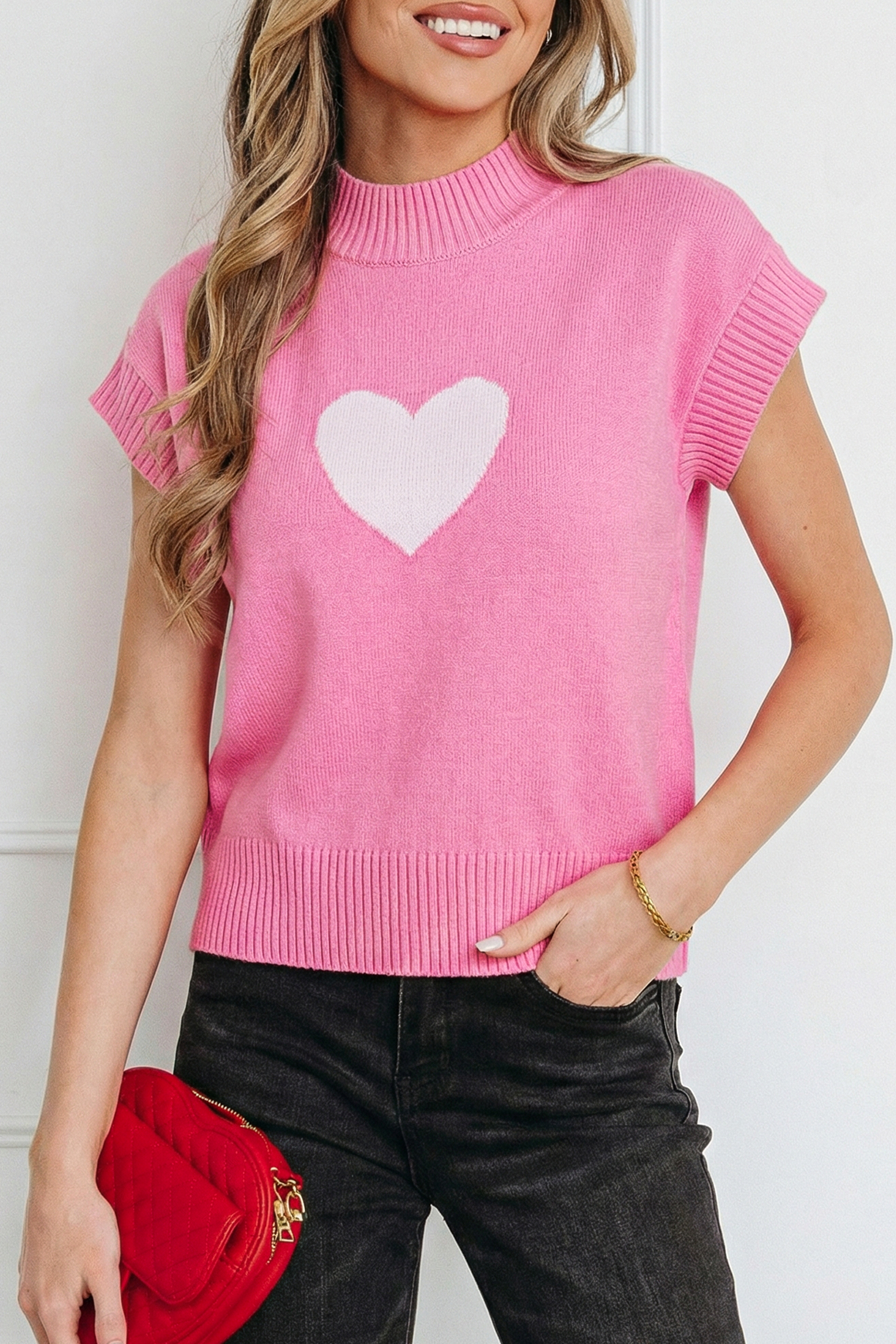 $6.93 Pink Valentine Heart Graphic Cropped Short Sleeve Sweater