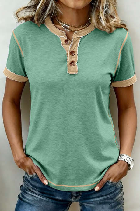 Mint Green Raw Seam Color Block Detail Buttoned Henley Tee