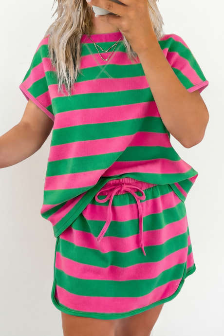 Rose Stripe Dolman Tee Drawstring Skort Athletic 2pcs Set