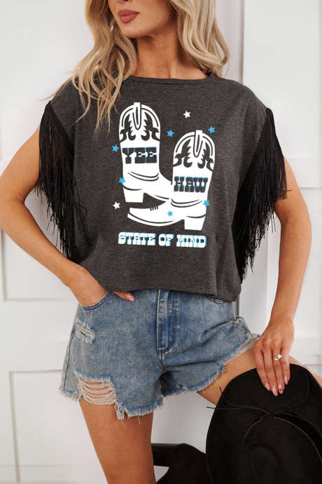Ogljično sivi škornji YEE HAW STATE OF MIND majica z resicami in rokavi LC25231448-P4011